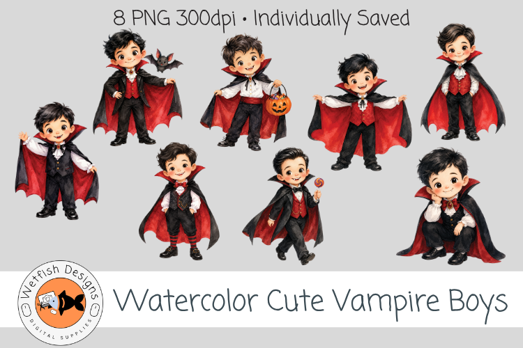 Watercolor Cute PNG Vampire Boys