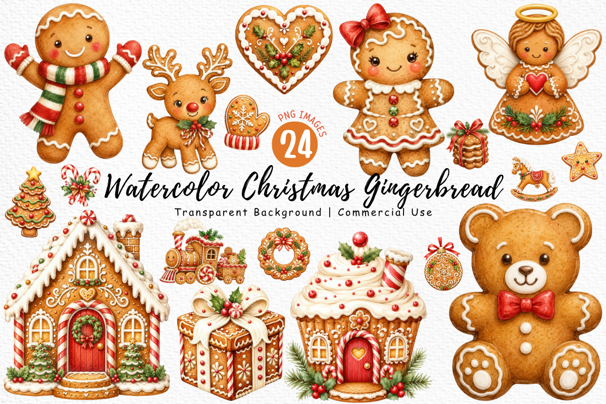 Watercolor Gingerbread Christmas PNG