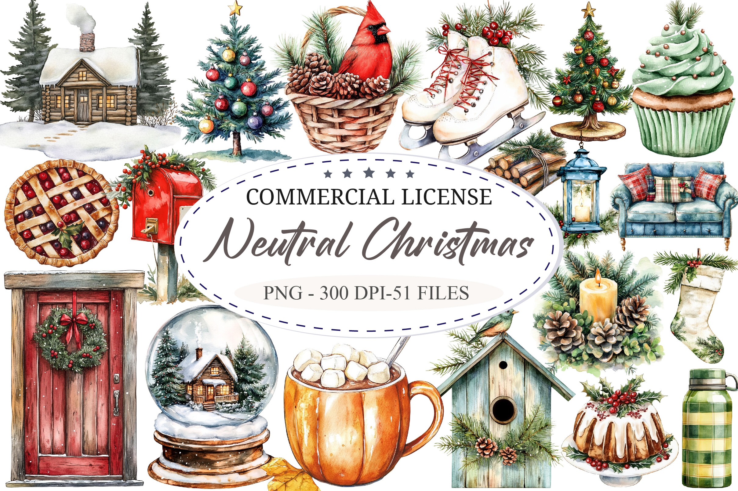 Watercolor Neutral Christmas Clipart - photo 1