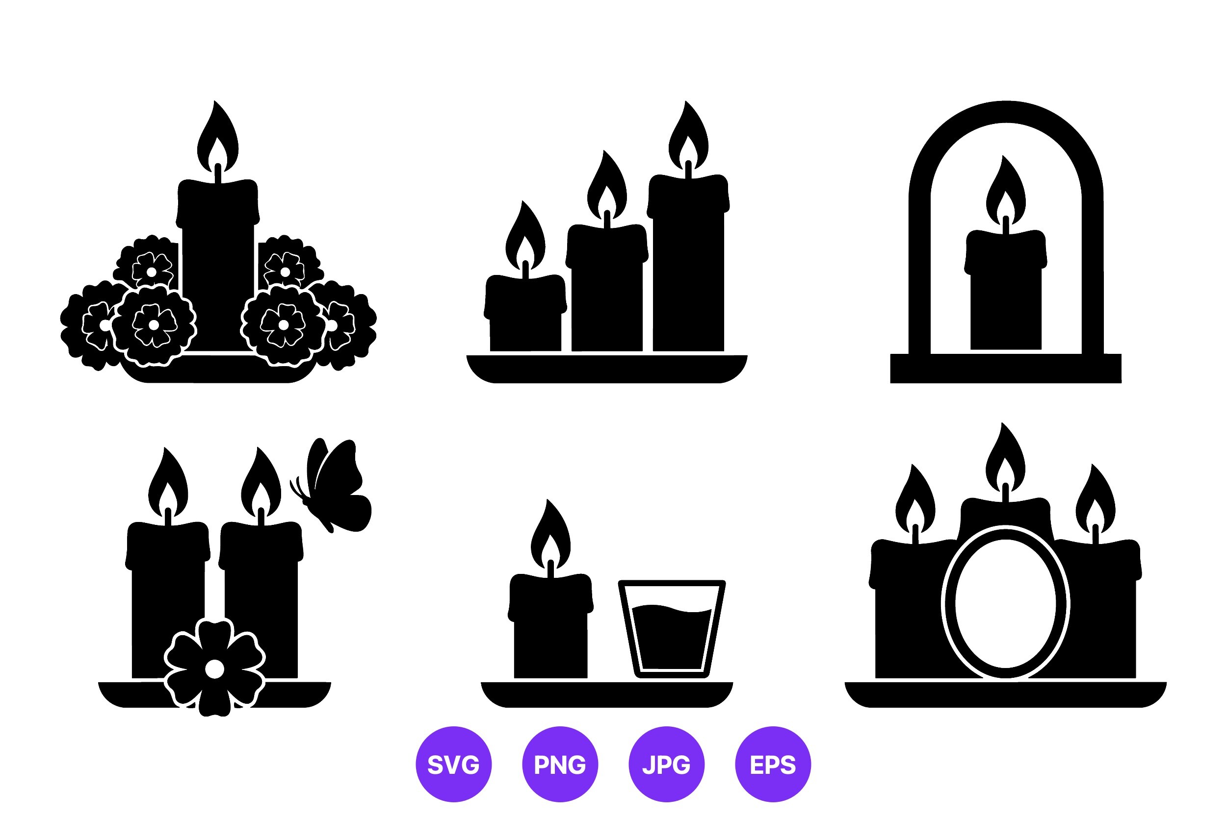 Black Candle Icons with Flowers and