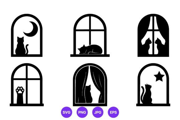 Black Silhouette Cats in Arched Windows