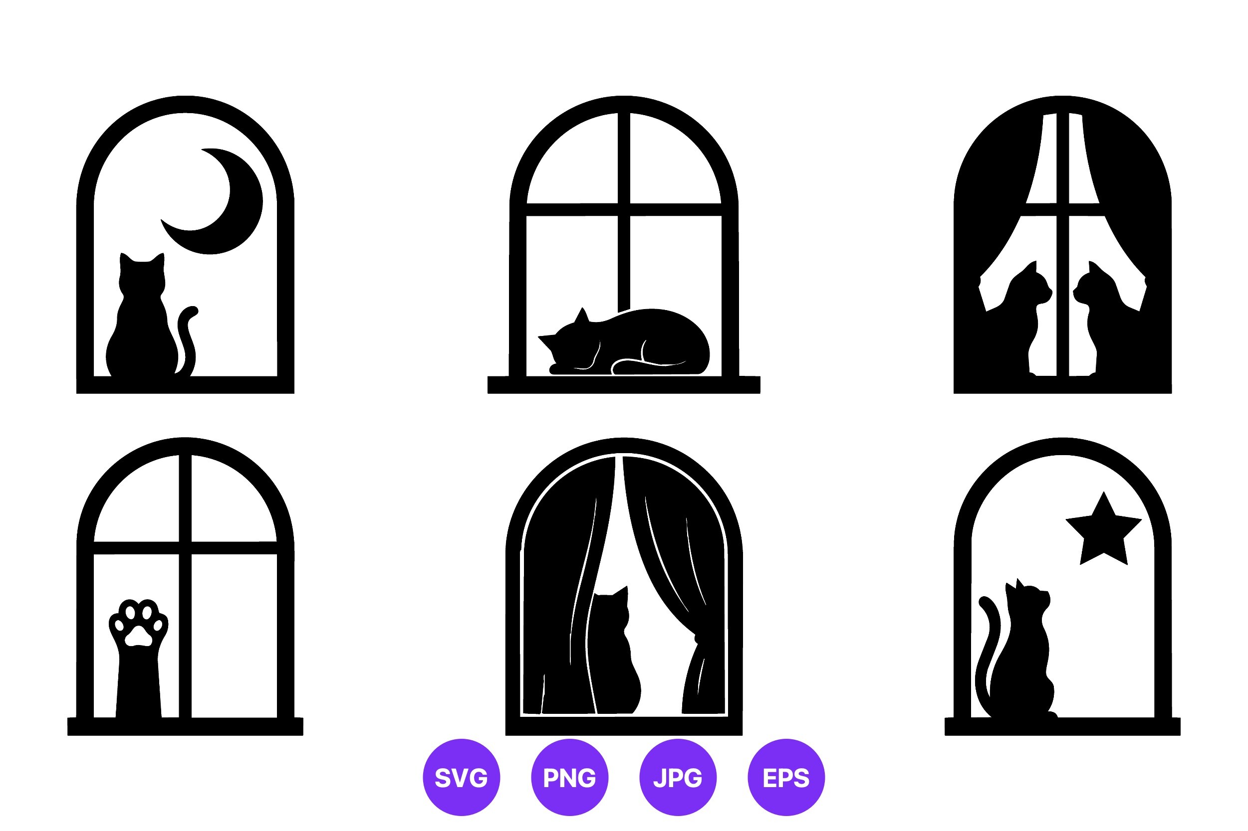 Black Silhouette Cats in Arched Windows