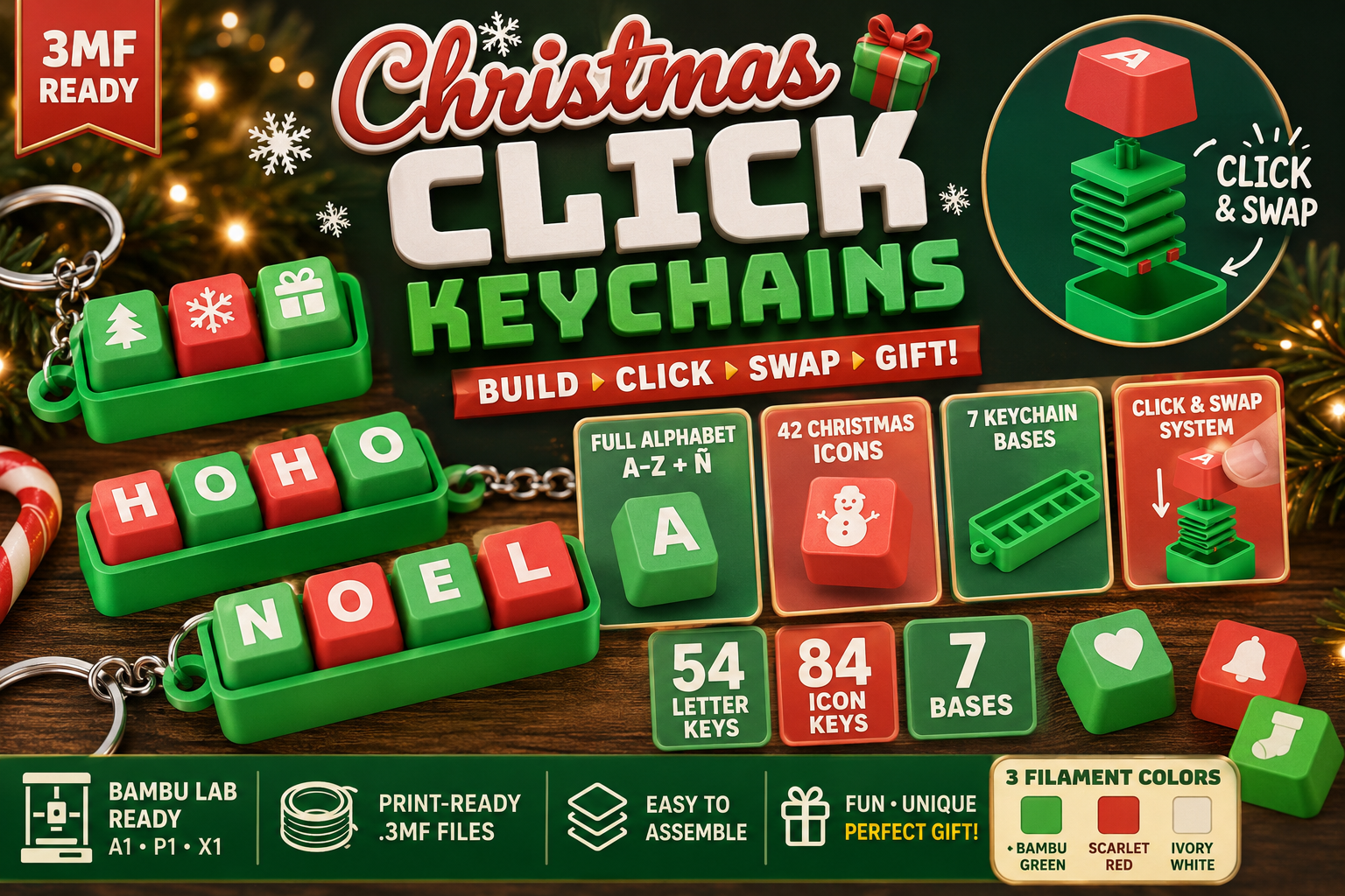Christmas Click Keychain System | 3D Printable Swappable Ornaments - Image 7