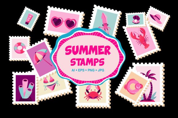 Cute Summer Beach Postage Stamps Png Graphics