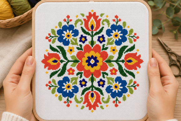 Folk Flower Medallion Cross Stitch PDF