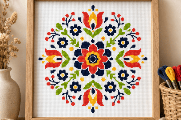 Folk Flower Rosette Cross Stitch PDF