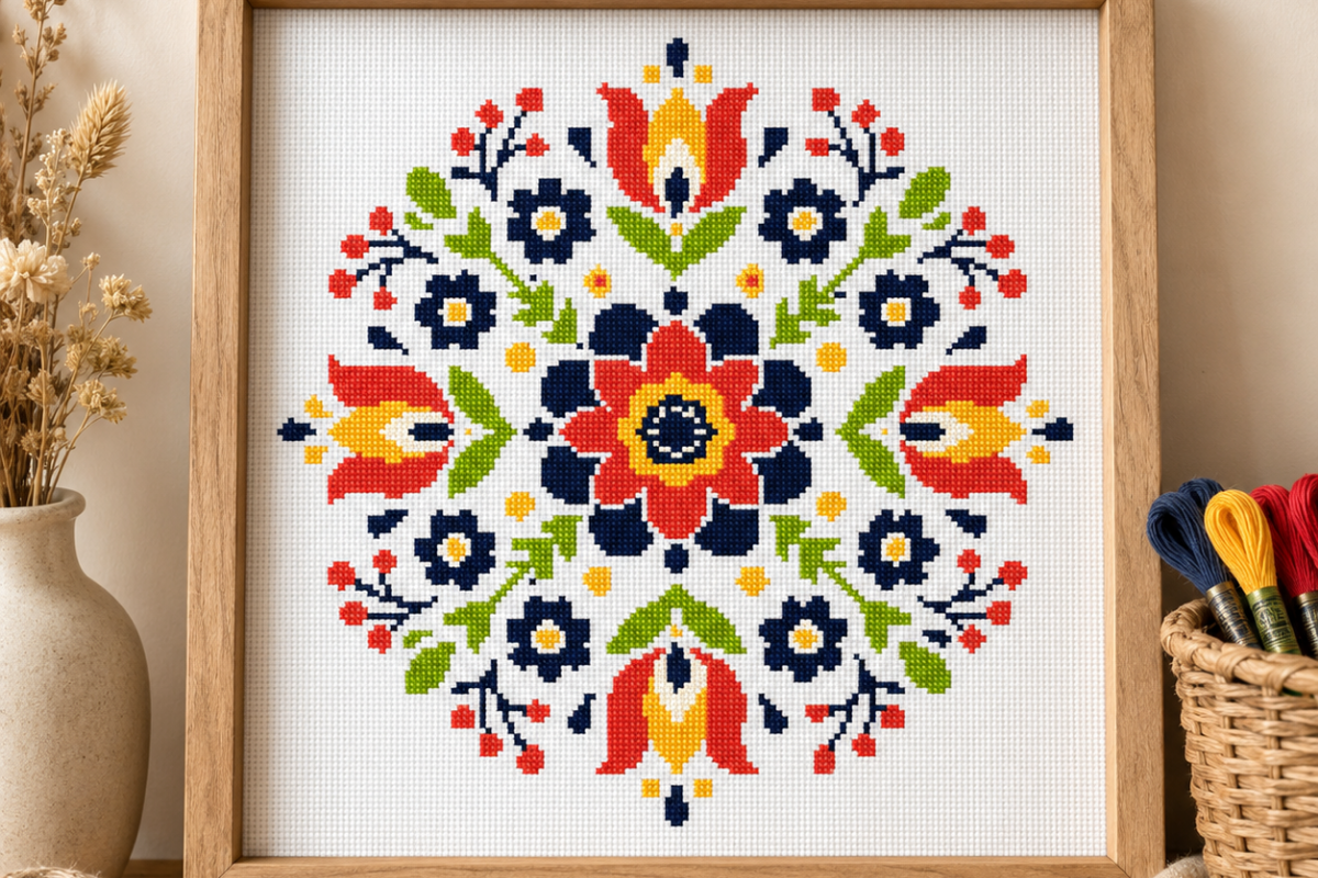 Folk Flower Rosette Cross Stitch PDF