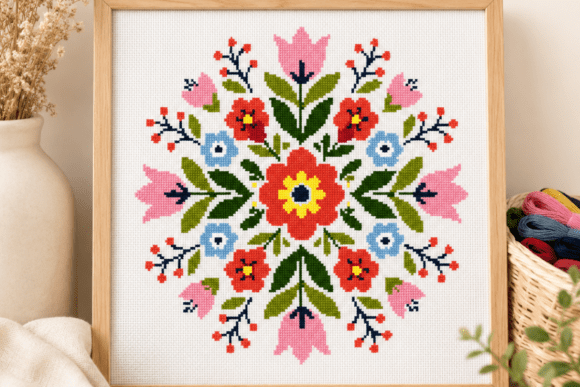 Folk Garden Rosette Cross Stitch PDF