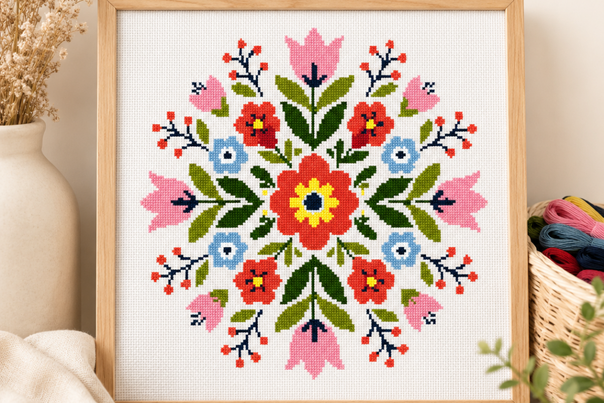 Folk Garden Rosette Cross Stitch PDF