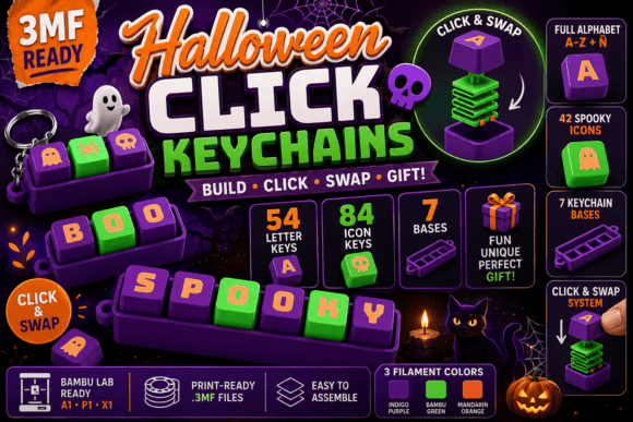 Halloween Click Keychains | 3D Print 3MF Swappable Letter & Icon Set - Image 1