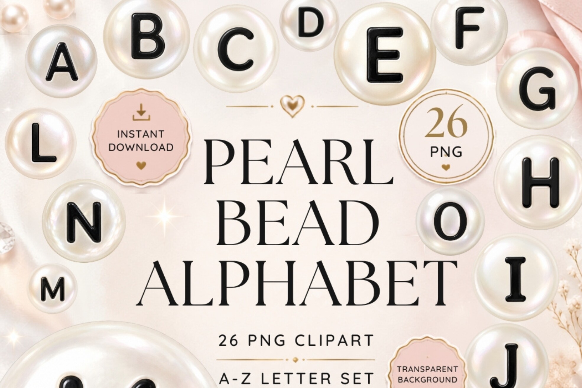 Pearl Bead Alphabet PNG Bundle | Elegant