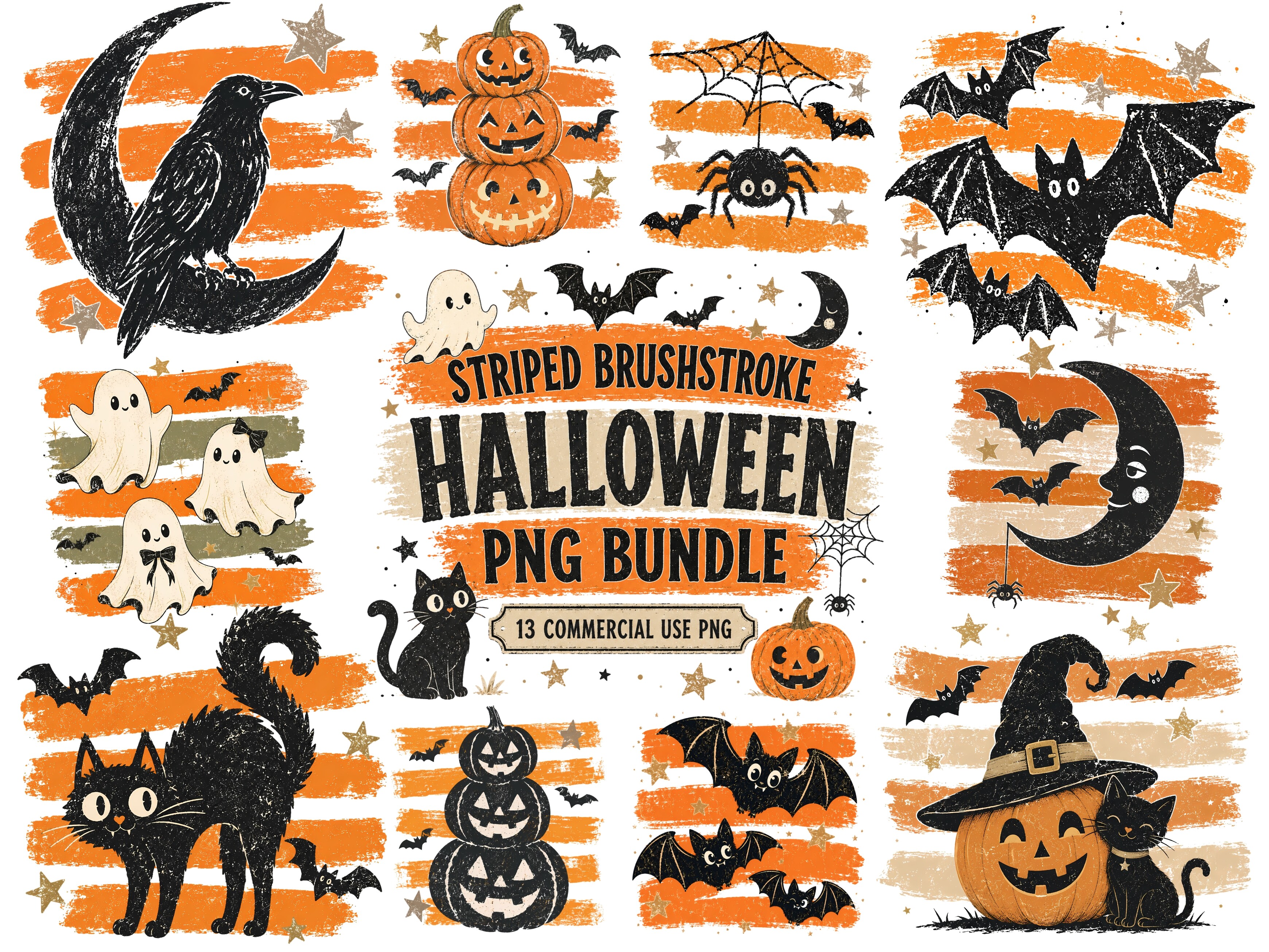 Retro Brushstroke Halloween PNG Bundle