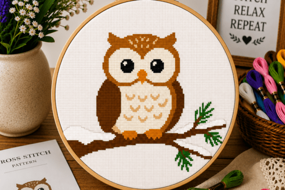 Snowy Branch Owl Cross Stitch