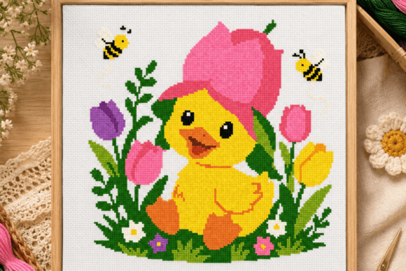 Tulip Hat Duckling Cross Stitch PDF