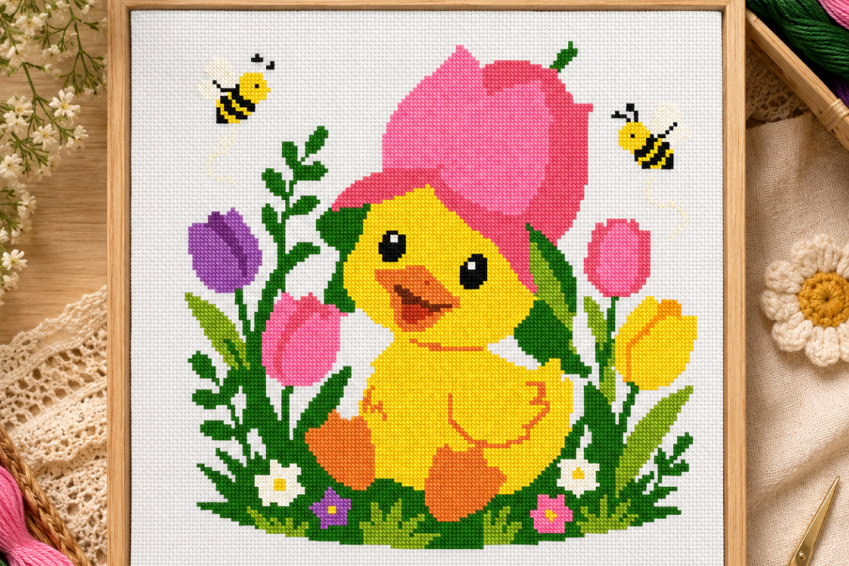 Tulip Hat Duckling Cross Stitch PDF
