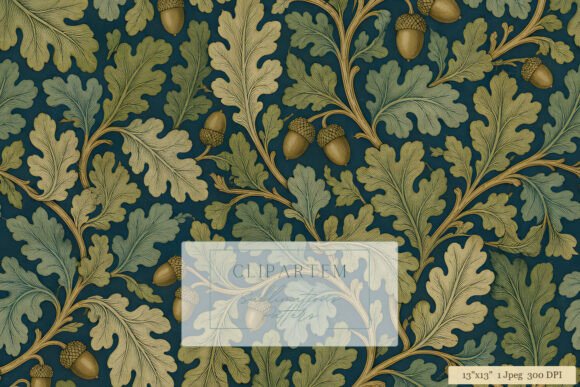Victorian Oak Acorn Dark Teal Pattern