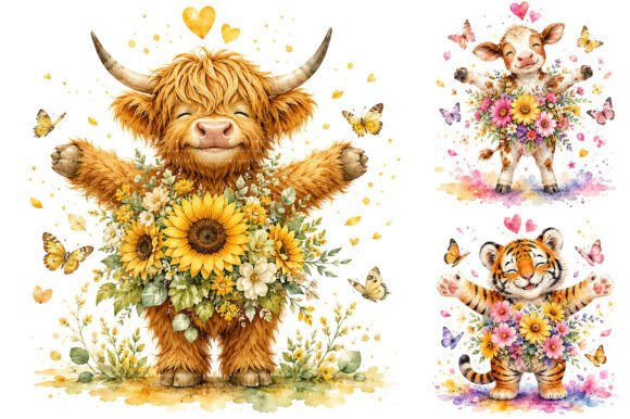 Preview of Watercolor Floral Animal PNG Bundle T-shirt, sticker, and sublimation design
