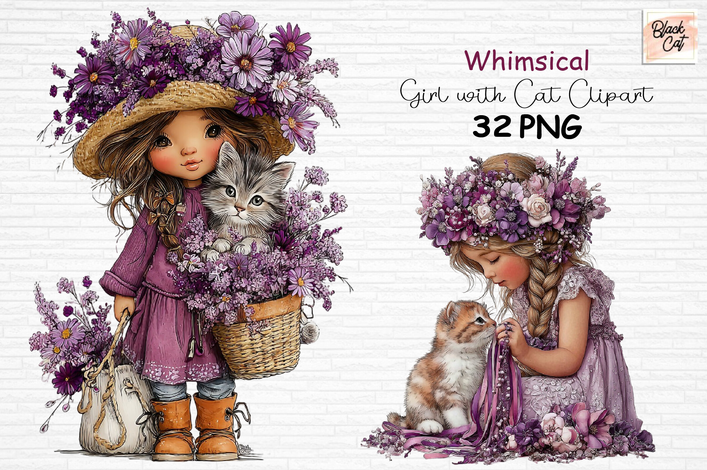 Whimsical Girl with Cat Clipart PNG Graphic by Black Cat · Creative Fabrica