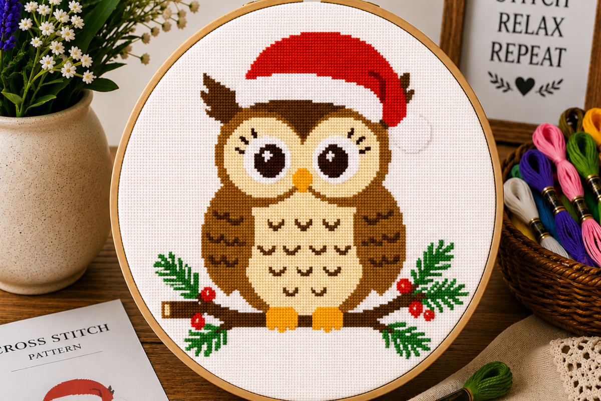 Woodland Santa Owl Cross Stitch
