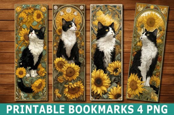 Art Nouveau Sunflower Cat Bookmark PNG