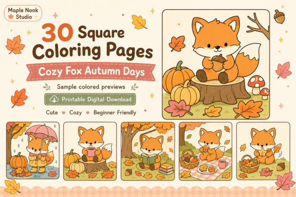 Cozy Fox Autumn Coloring Pages PDF