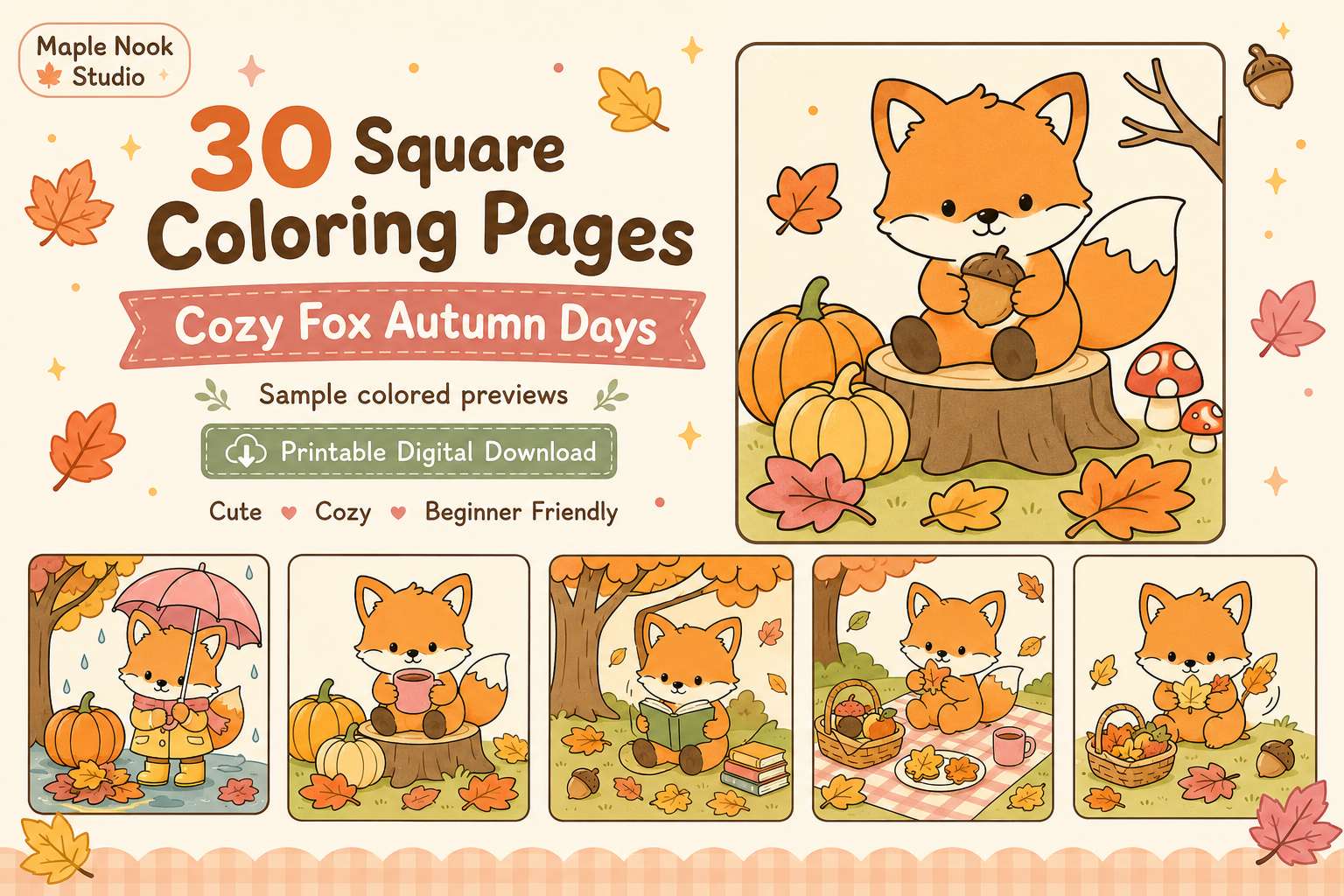 Cozy Fox Autumn Coloring Pages PDF