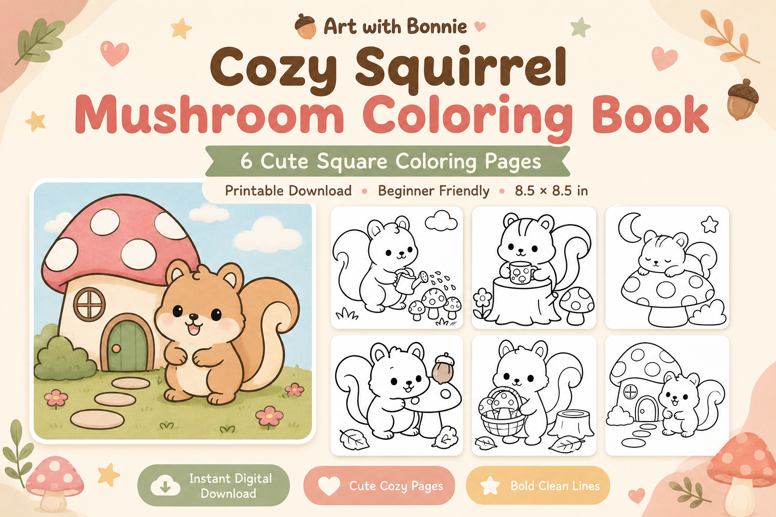 Cozy Squirrel Mushroom Coloring Book PDF