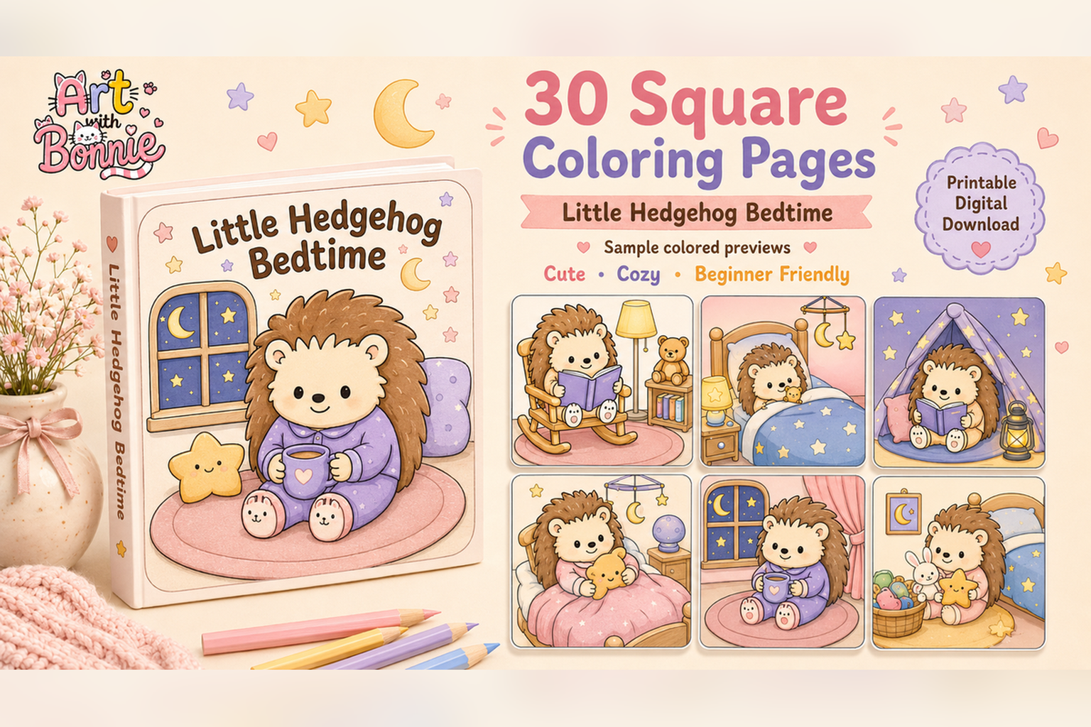 Little Hedgehog Bedtime Coloring Pages P