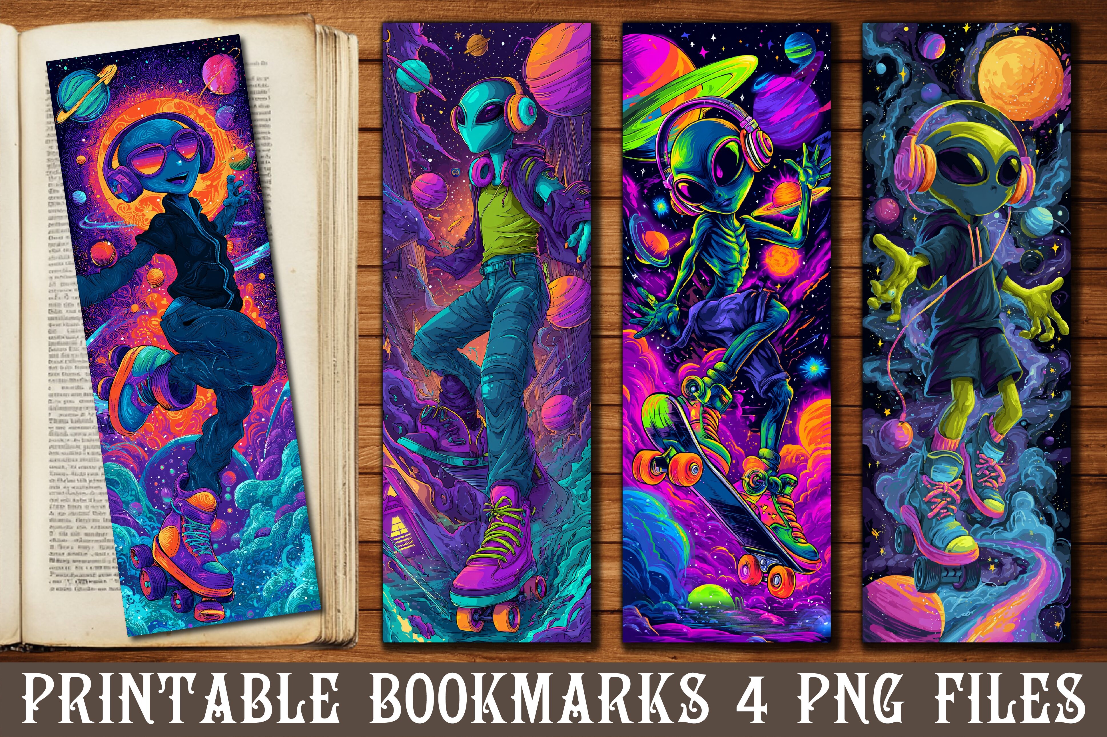 Neon Groovy Alien Art Bookmark Set