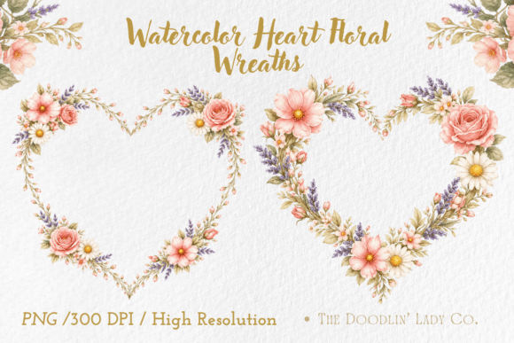 Pink Watercolor Heart Floral Wreaths PNG