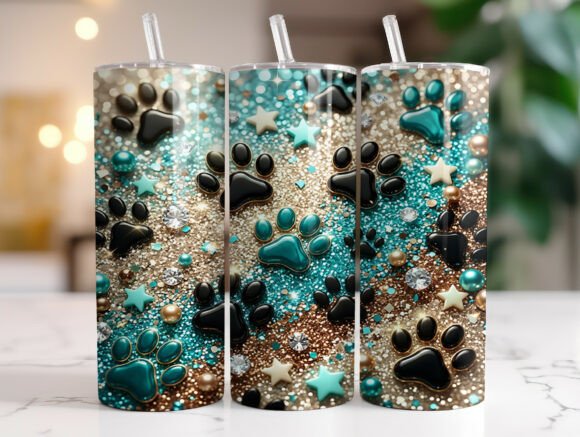 Teal Glitter Dog Paw 20 Oz Tumbler Wrap