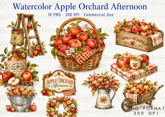 Watercolor Fall Apple Orchard Bundle PNG