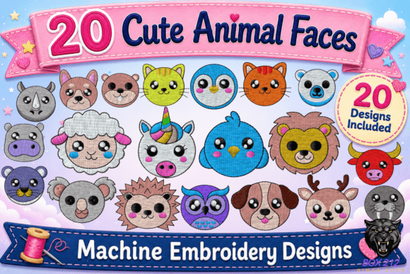 20 Cute Animal Faces Embroidery Bundle
