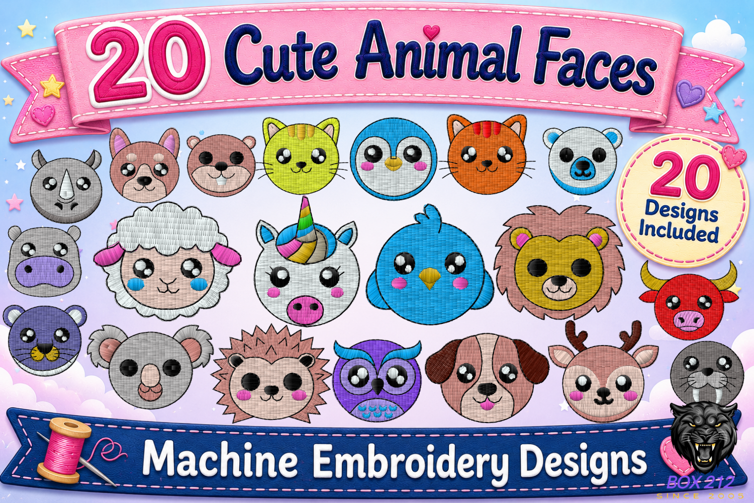20 Cute Animal Faces Embroidery Bundle