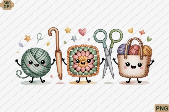 Crochet & Knitting Doodle Characters PNG