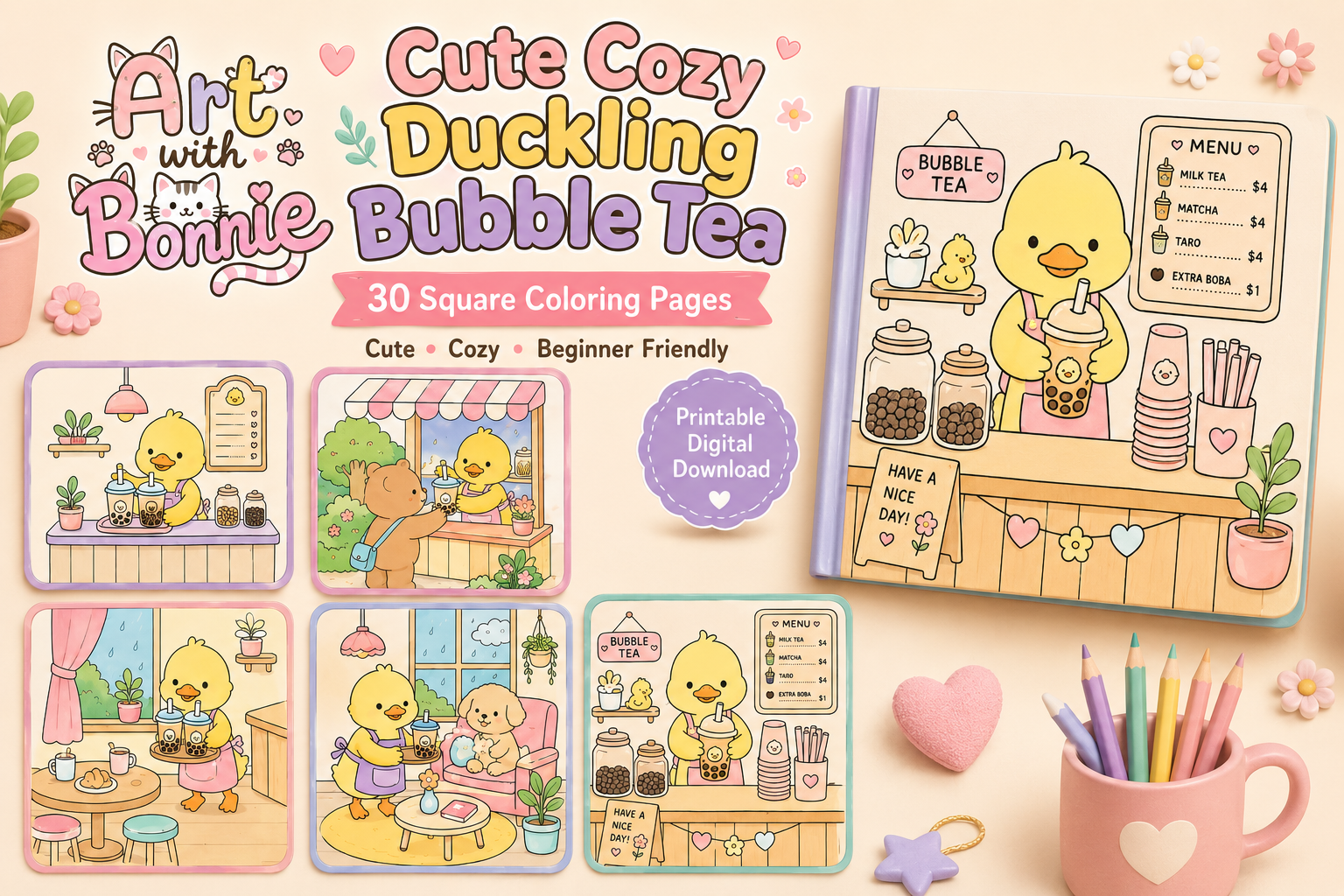 Cute Duckling Bubble Tea Coloring Pages