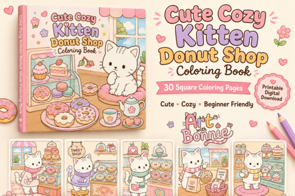 Kitten Donut Shop Coloring Pages Pack