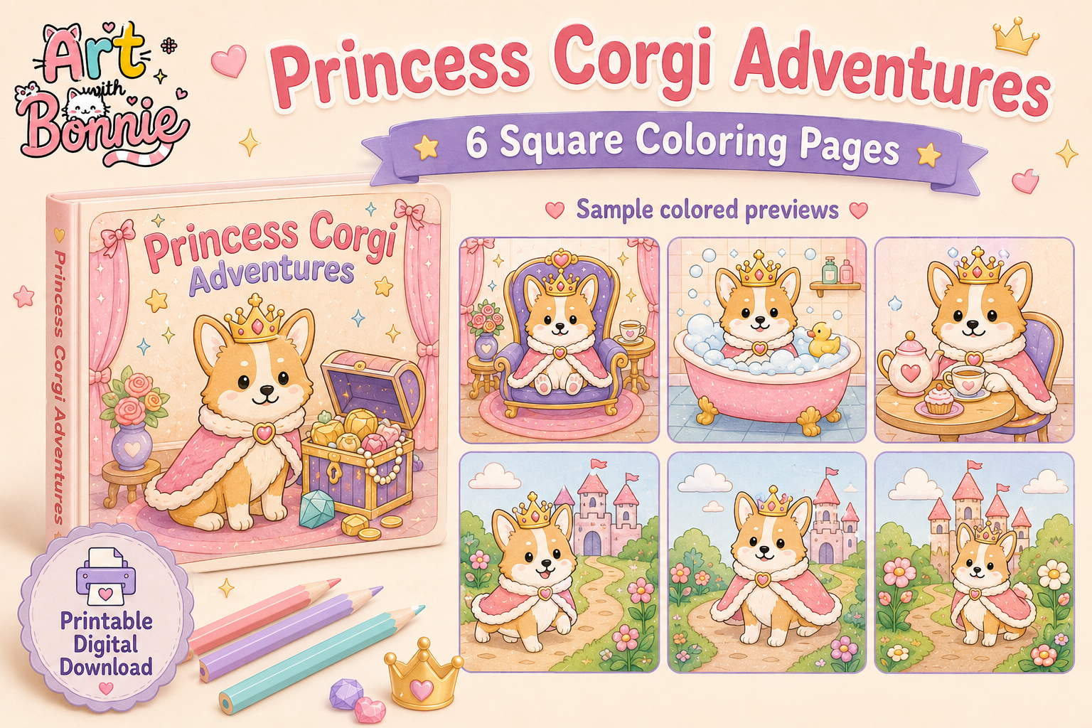 Princess Corgi Coloring Pages for Kids