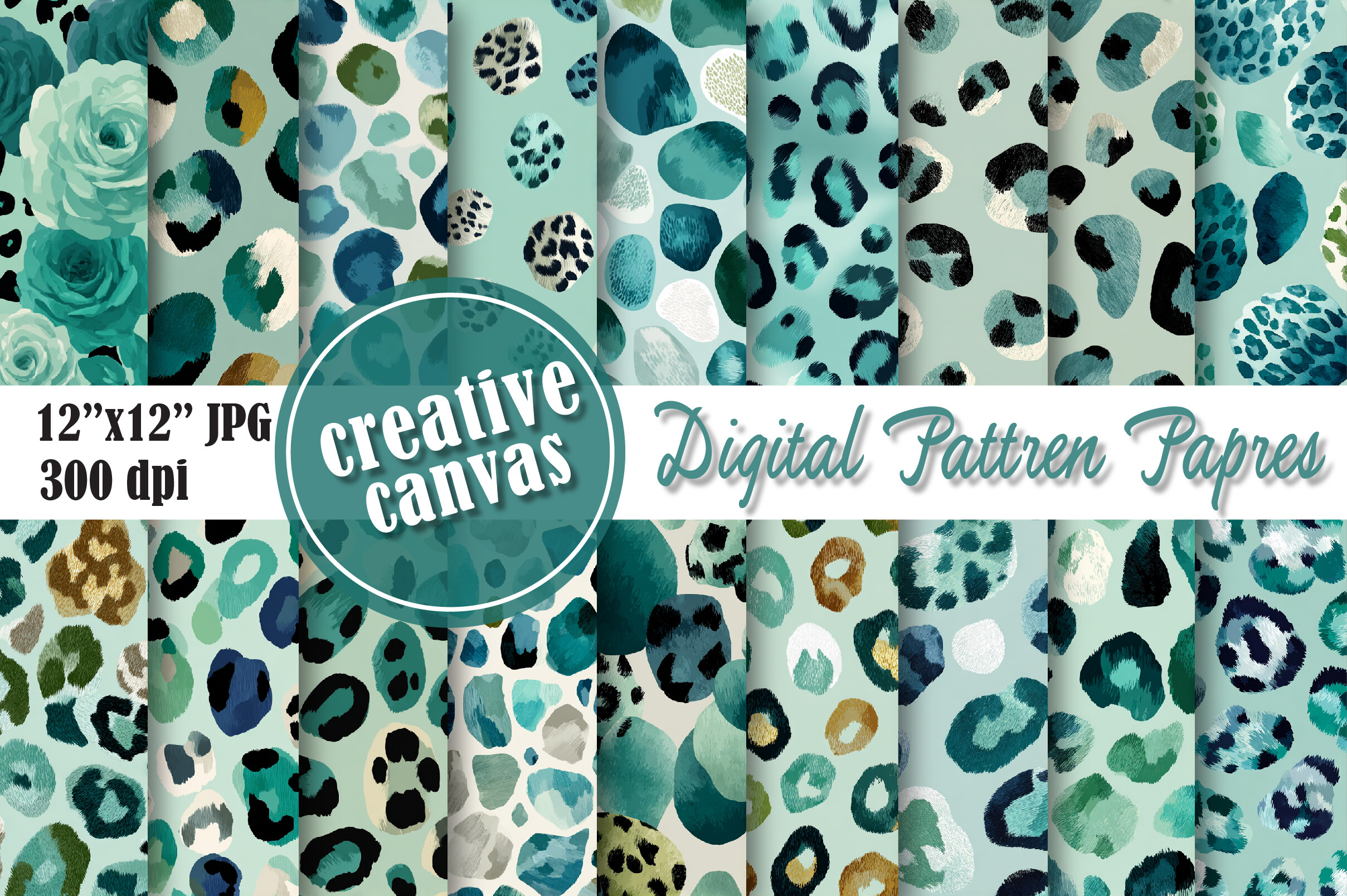 Teal Leopard Print Digital Paper Bundle