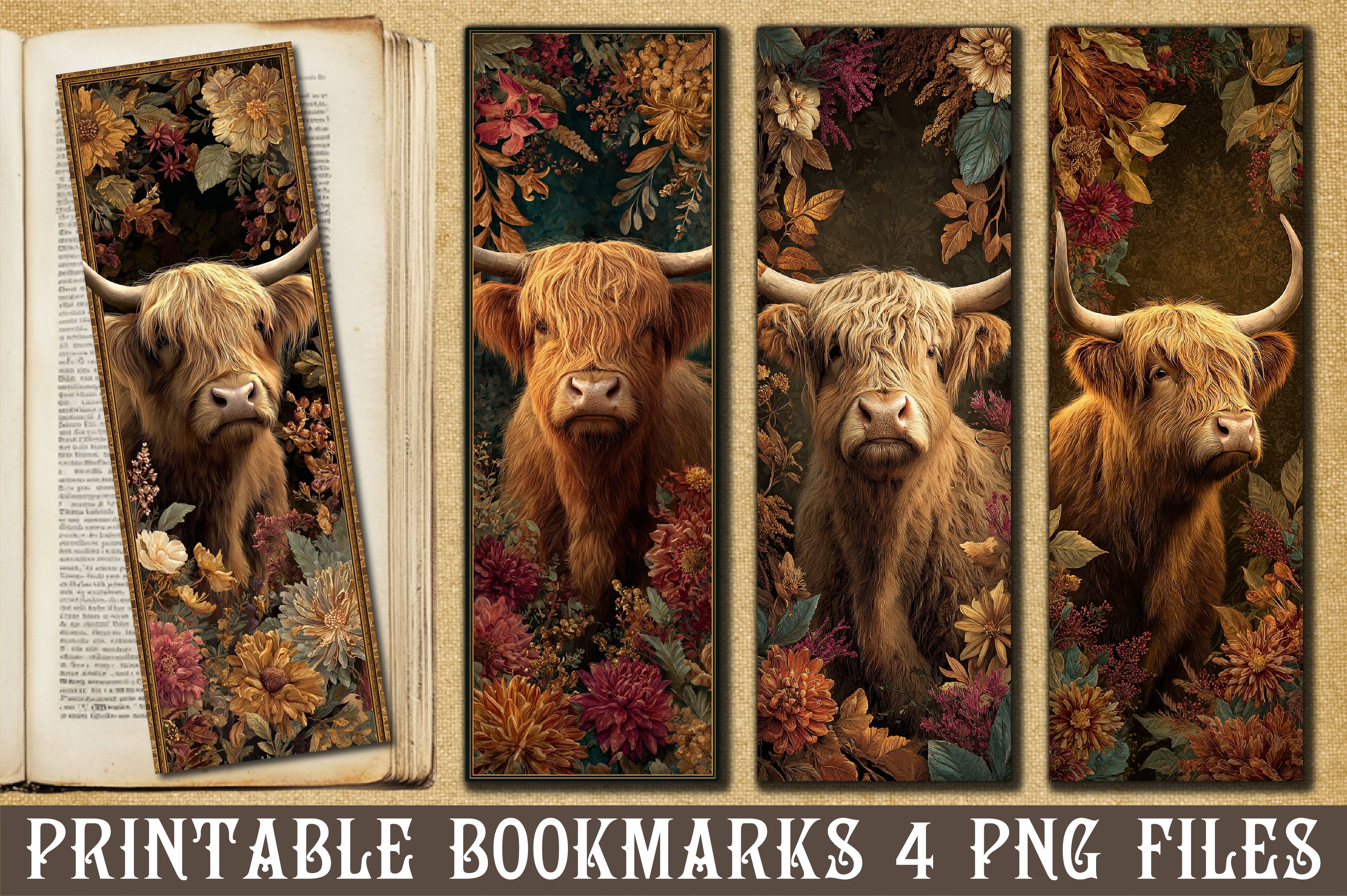 Vintage Boho Fall Cow Art Bookmarks