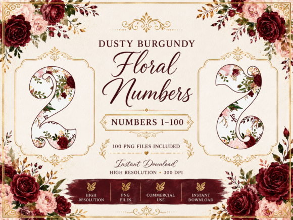 Burgundy Floral Numbers 1-100
