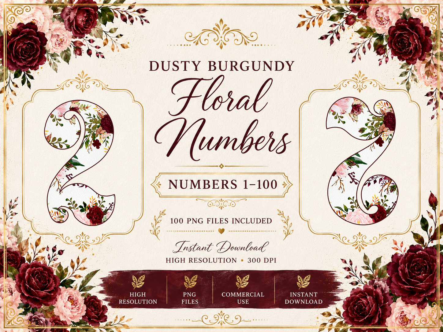 Burgundy Floral Numbers 1-100