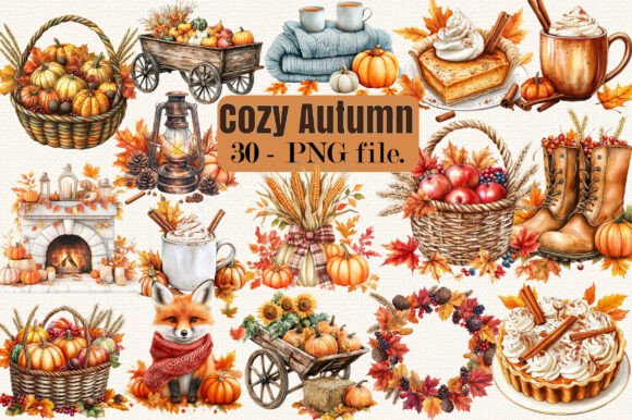 Cozy Autumn Watercolor Clipart, Fall PNG