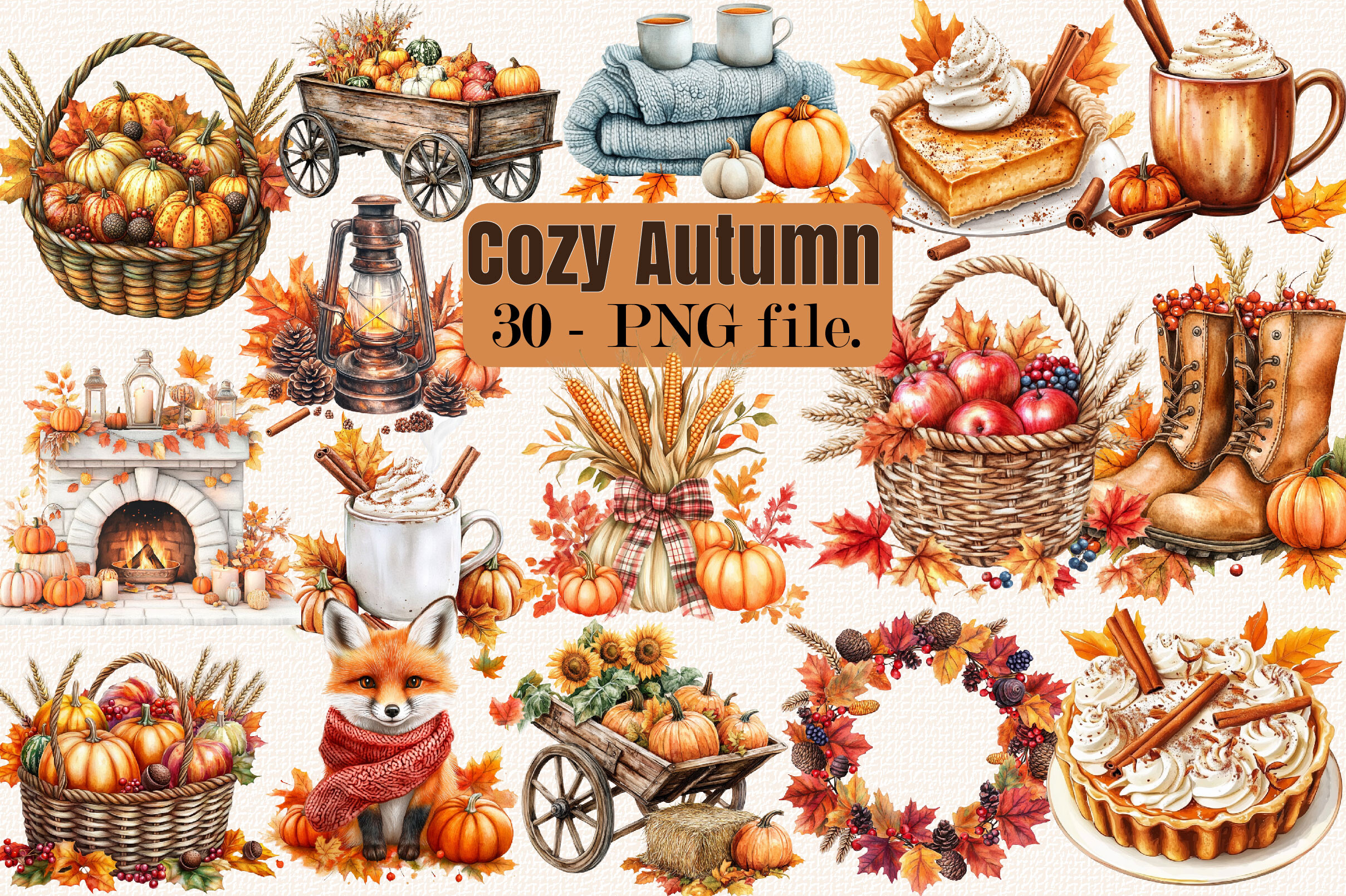 Cozy Autumn Watercolor Clipart, Fall PNG