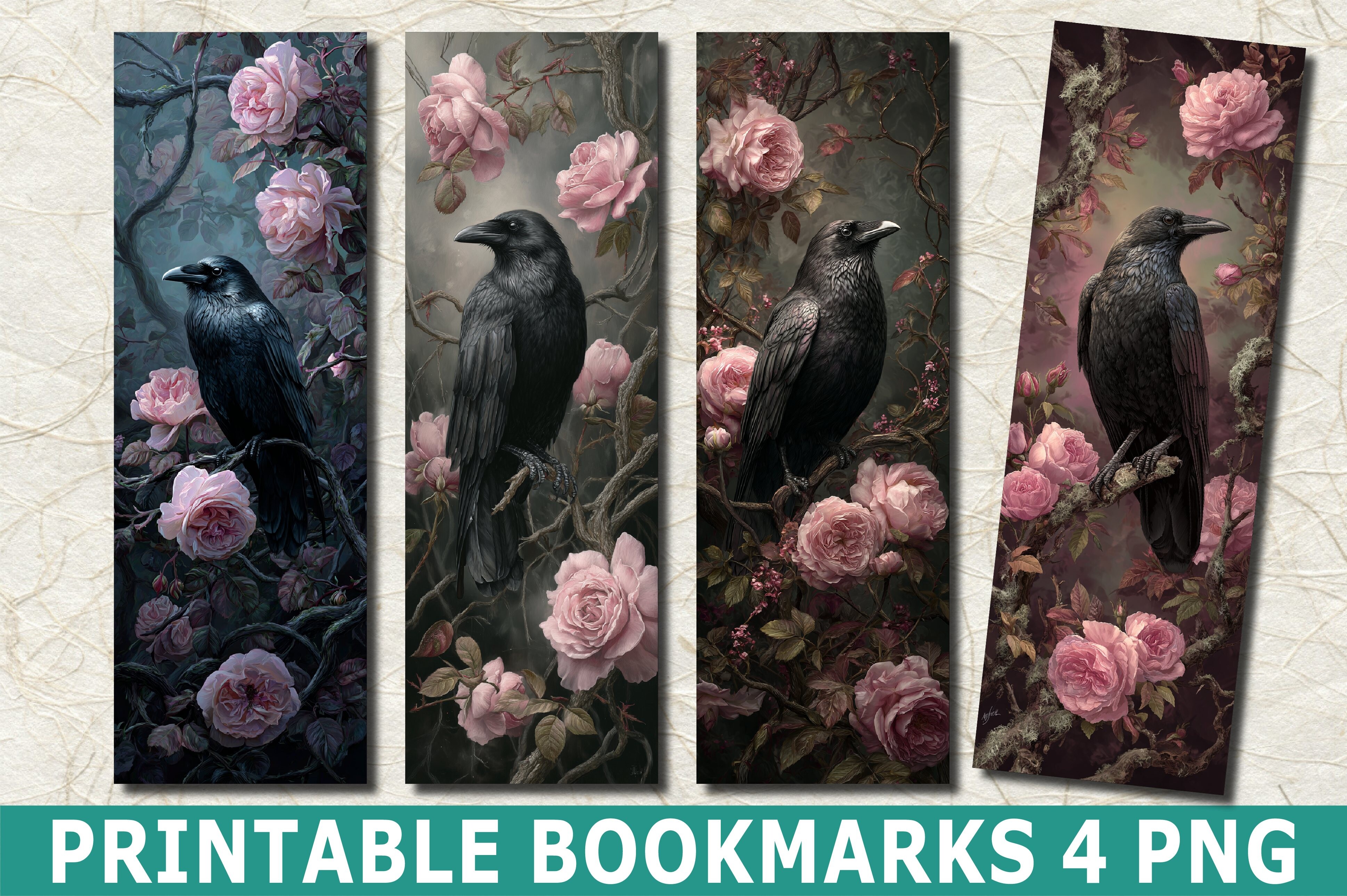 Gothic Black Raven Pink Rose Bookmark