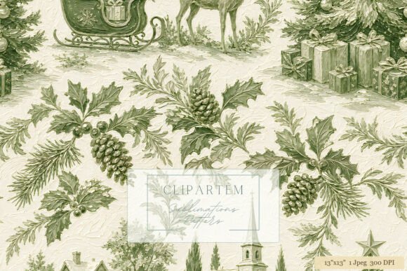 Green Toile Christmas Holly Pattern