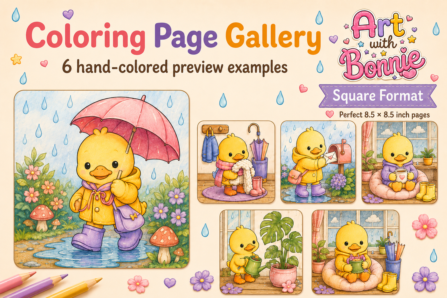 Rainy Day Duckling Coloring Pages Pack