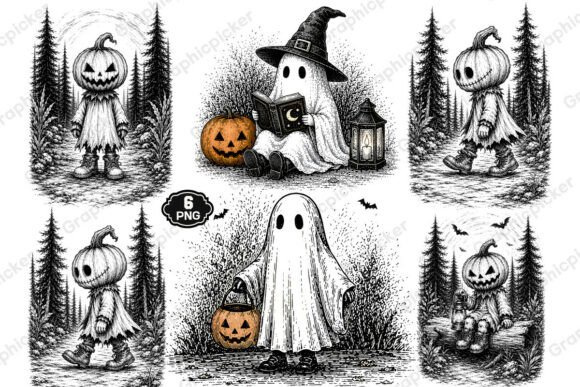 Vintage Halloween Ghost Witch PNG Bundle