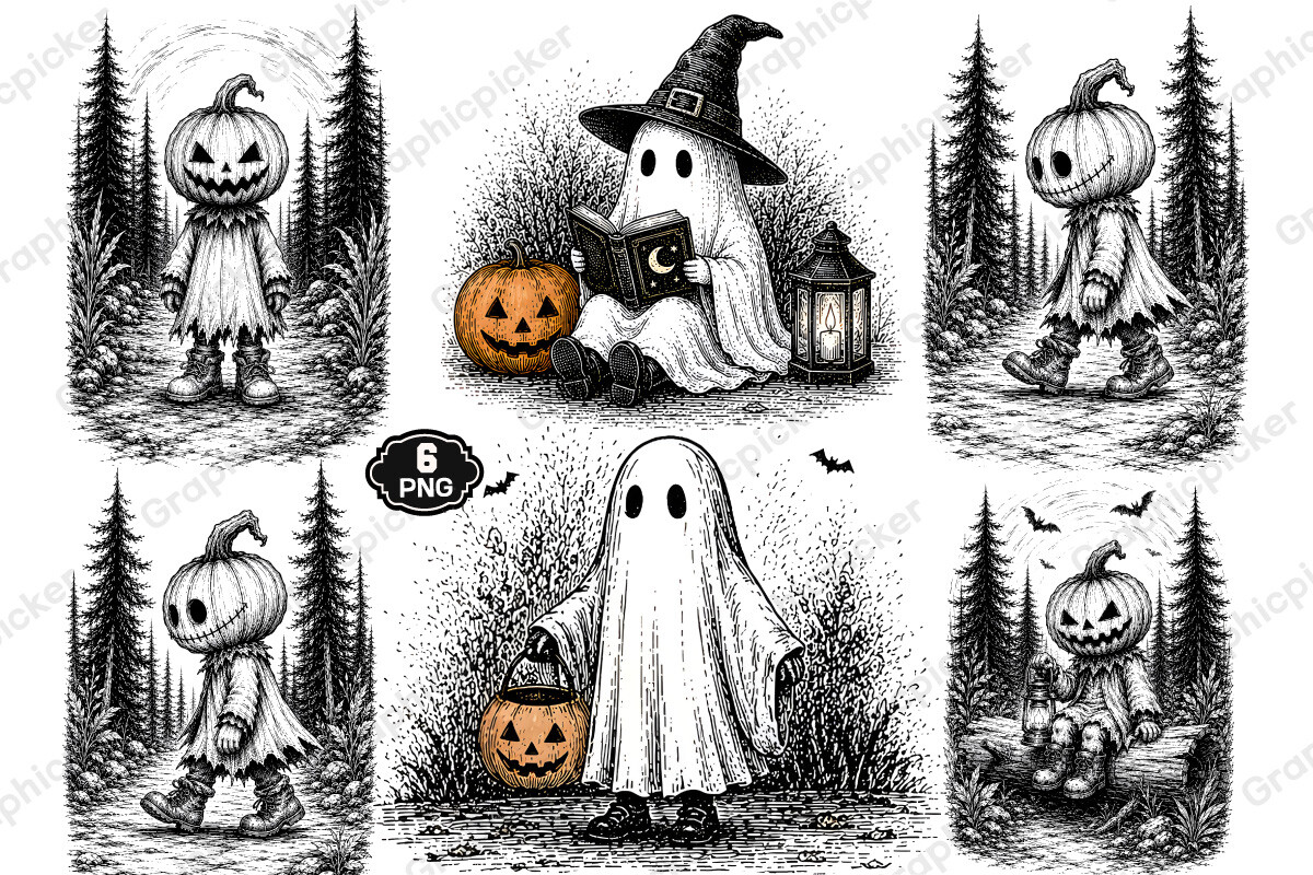 Vintage Halloween Ghost Witch PNG Bundle