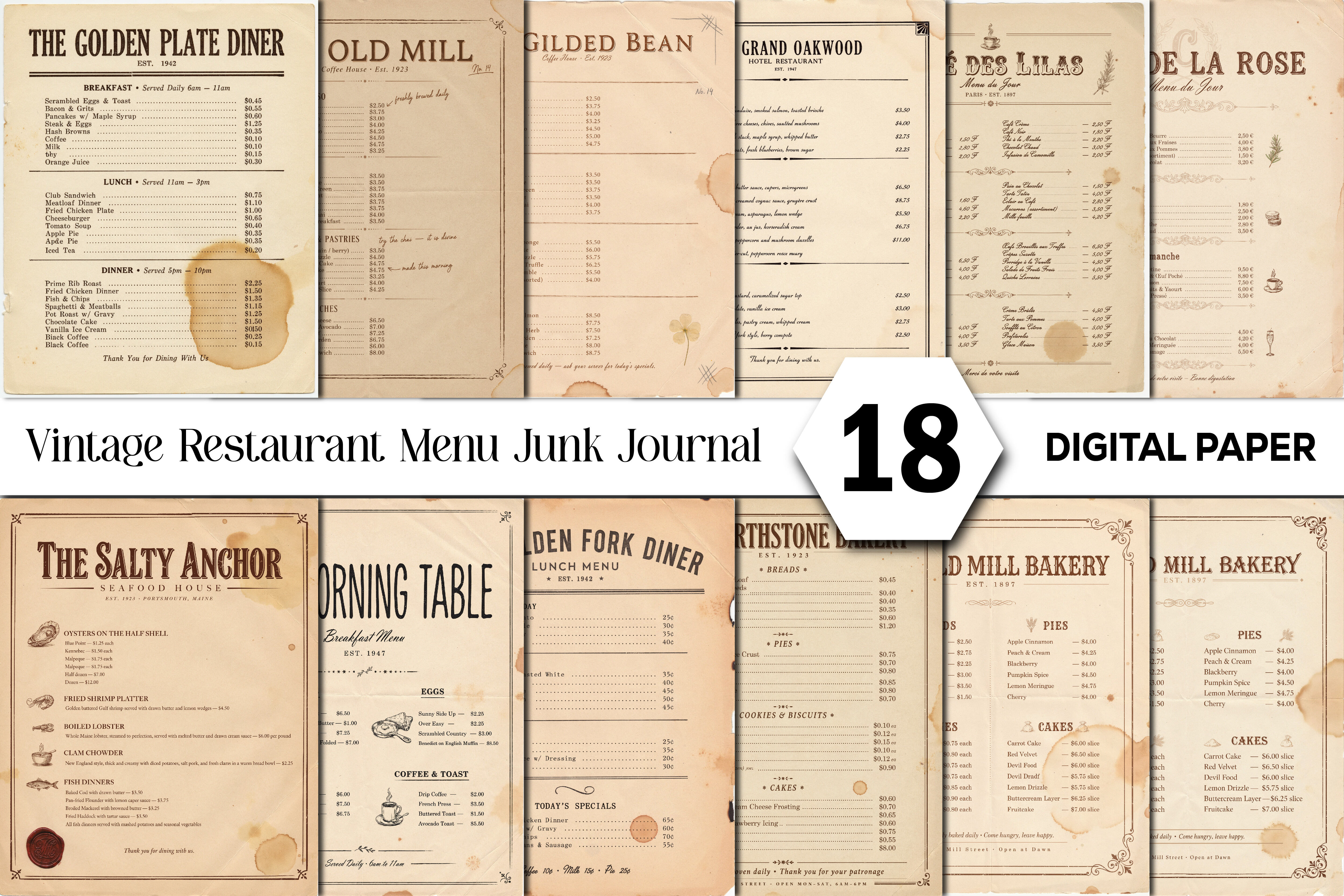 Vintage Restaurant Menu Junk Journal Kit